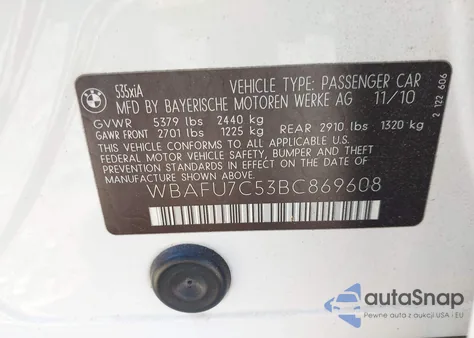 2011 BMW 535I xDrive из США, поврежденный, VIN WBAFU7C53BC869608